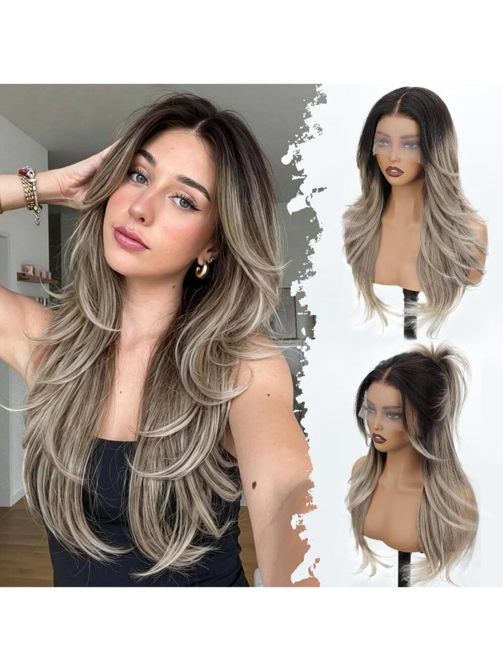 26Inch Women's Ombre Dirty Blonde Glueless Synthetic Butterfly Cut Long Wavy Wig